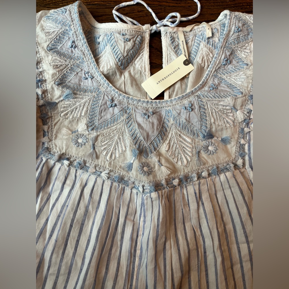 NWT Anthropologie Light Blue And White Striped Embroidered Flutter Sleeve Top - Picture 4 of 9